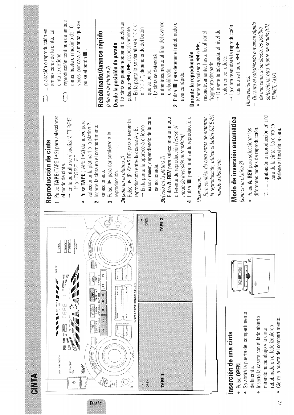 Inserción de una cinta, Reproducción de cinta, Modo de inversión automática | Rebobinado/avance rápido | Philips FW830C User Manual | Page 72 / 80