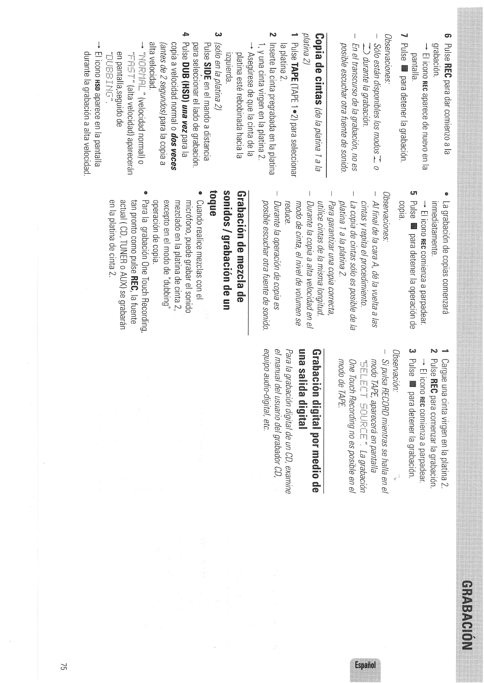 Grabación digital por medio de una salida digital, Grabacion | Philips FW830C User Manual | Page 75 / 80