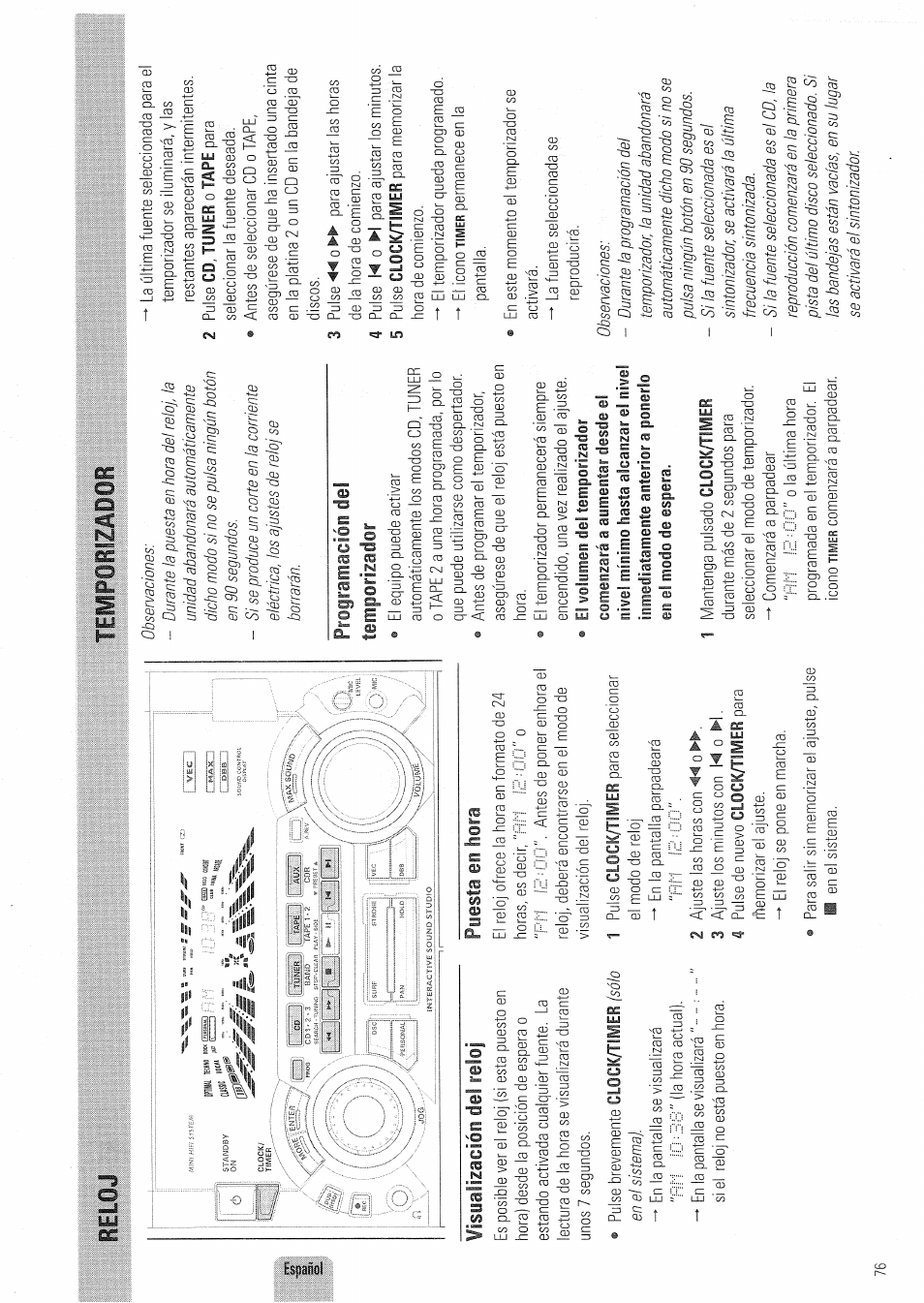 Programación del temporizador, Reloj tempcíi^zaeor | Philips FW830C User Manual | Page 76 / 80
