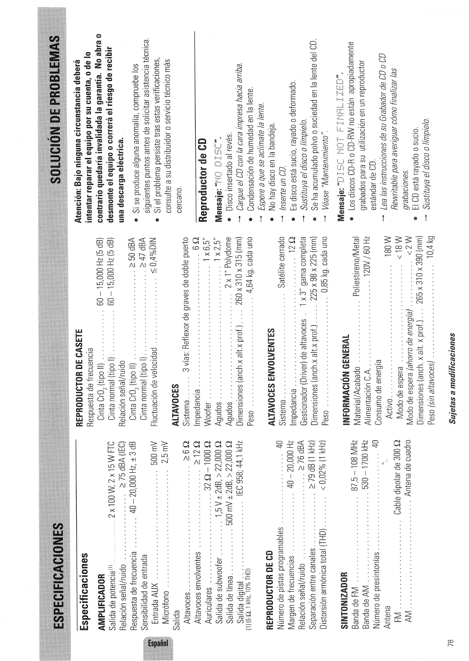 Especificaciones, Soluoiom de problemas, Reproductor de cd | Solución de problemas...... - 79 | Philips FW830C User Manual | Page 78 / 80