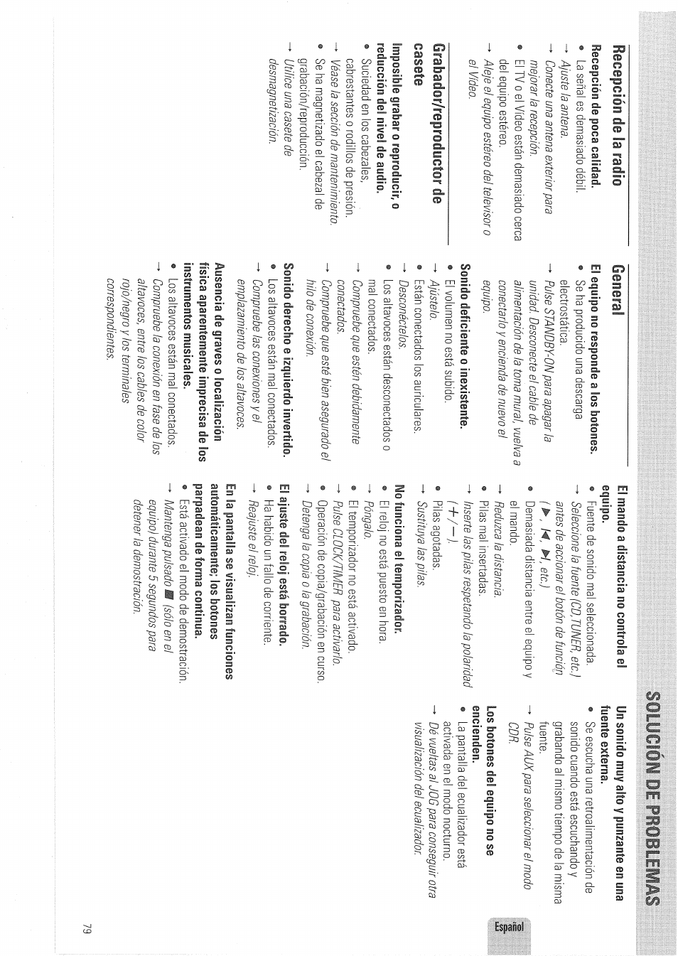 Solücioi de problemás, Recepción de la radio, Grabador/reproductor de casete | General | Philips FW830C User Manual | Page 79 / 80