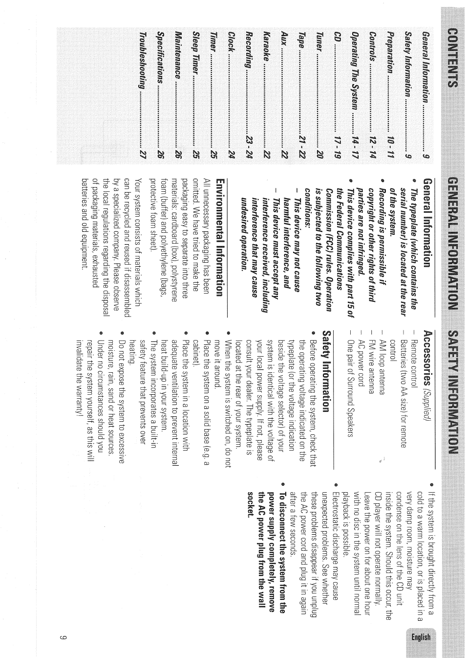 Environmental information, Accessories isuppiiedi, Safety information | Philips FW830C User Manual | Page 9 / 80