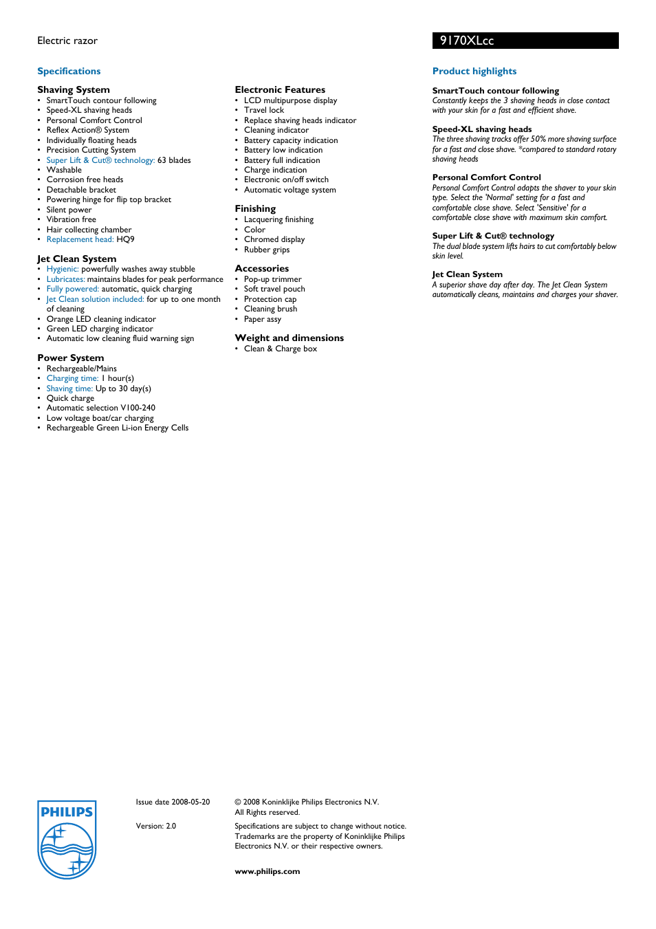 9170xlcc | Philips electric razor HQ9170 User Manual | Page 2 / 2