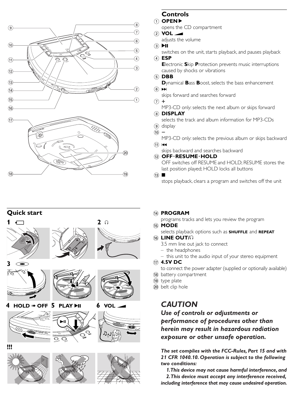 Caution, Quick start !!! 1 2, Controls | Hold ➠ off, Play 2, Vol e | Philips 313 User Manual | Page 3 / 9