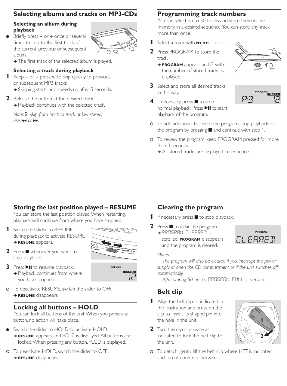 Selecting albums and tracks on mp3-cds, Storing the last position played – resume, Locking all buttons – hold | Programming track numbers, Clearing the program 1, Belt clip 1, Selecting an album during playback, Skipping starts and speeds up after 5 seconds, Release the button at the desired track, Appears | Philips 313 User Manual | Page 7 / 9