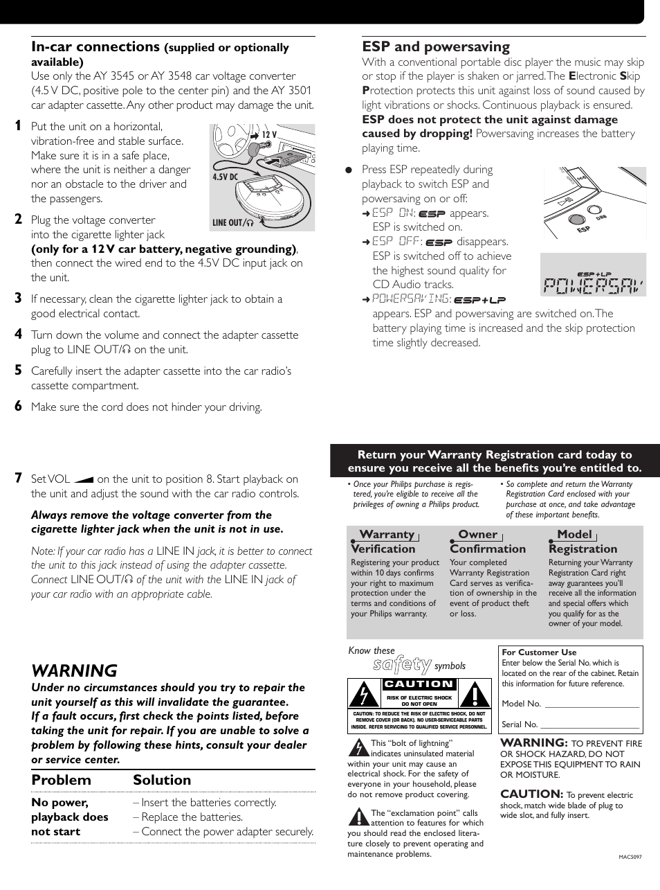 Safety, Warning, Esp and powersaving | In-car connections, Problem solution | Philips 313 User Manual | Page 8 / 9