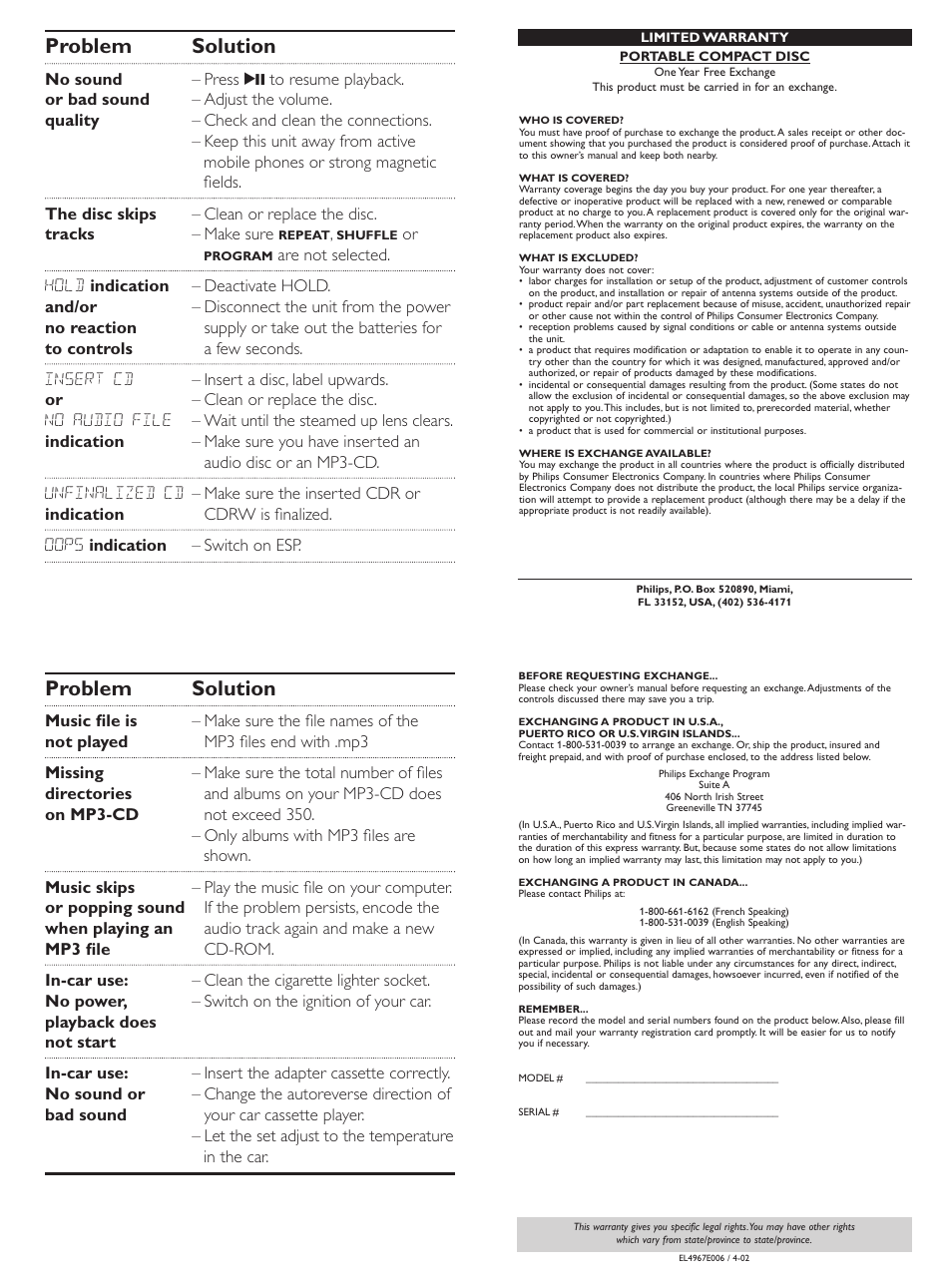 Problem solution | Philips 313 User Manual | Page 9 / 9