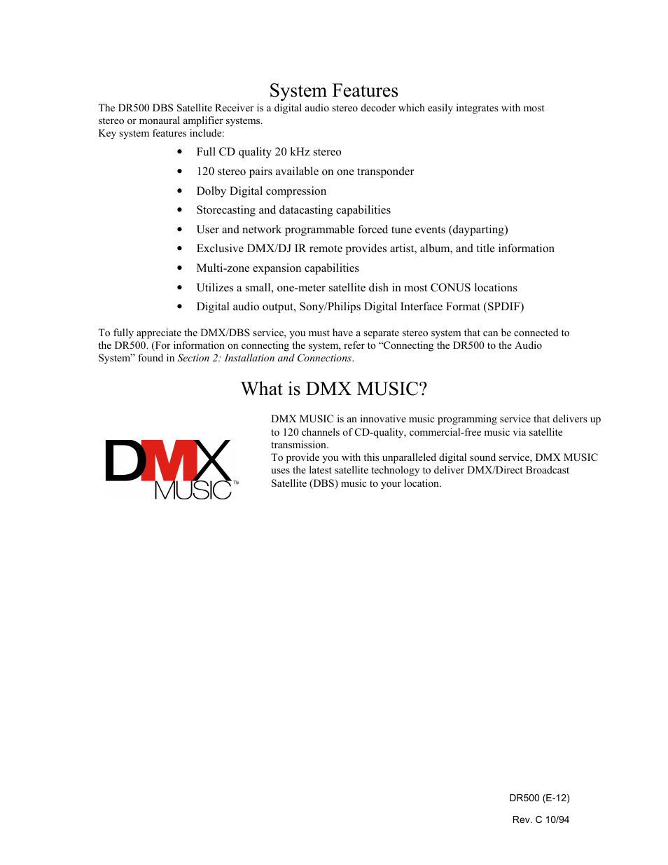 System features, What is dmx music | Philips Digital Audio Satellite Receiver DR500 User Manual | Page 12 / 47