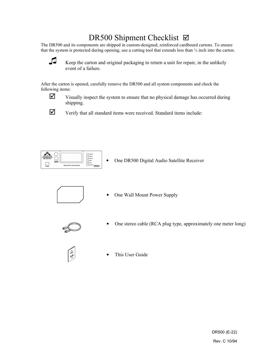 Dr500 shipment checklist | Philips Digital Audio Satellite Receiver DR500 User Manual | Page 22 / 47