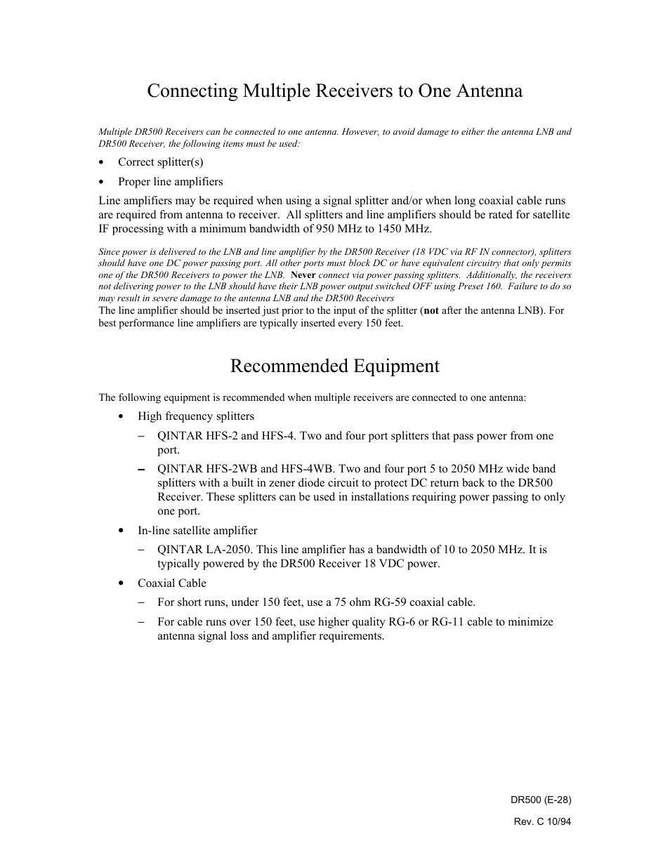 Connecting multiple receivers to one antenna, Recommended equipment | Philips Digital Audio Satellite Receiver DR500 User Manual | Page 28 / 47