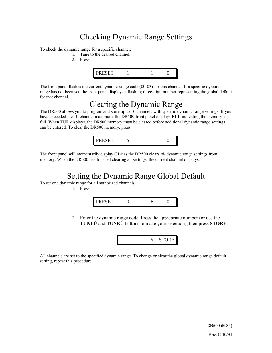 Checking dynamic range settings, Clearing the dynamic range, Setting the dynamic range global default | Philips Digital Audio Satellite Receiver DR500 User Manual | Page 34 / 47