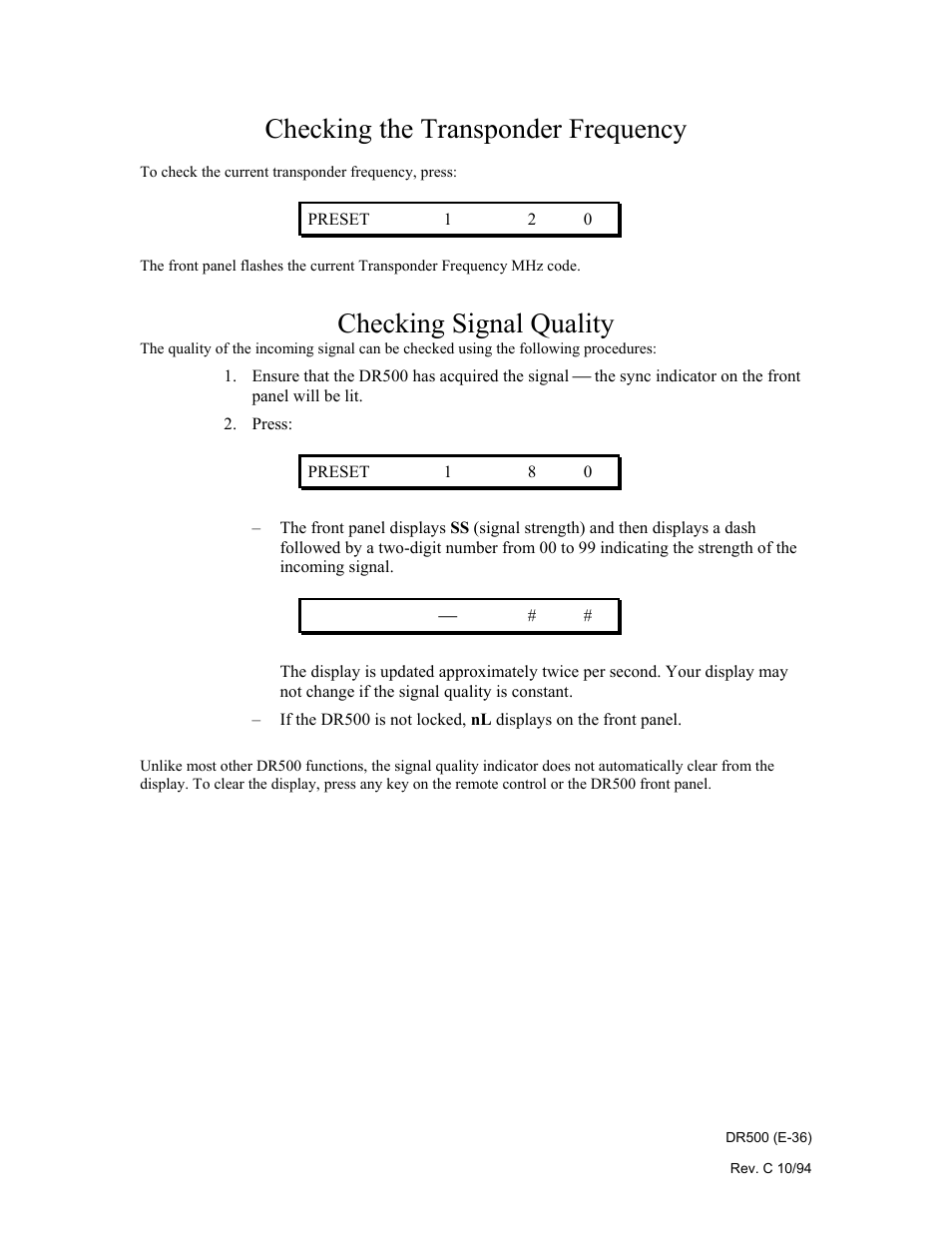 Checking the transponder frequency, Checking signal quality | Philips Digital Audio Satellite Receiver DR500 User Manual | Page 36 / 47