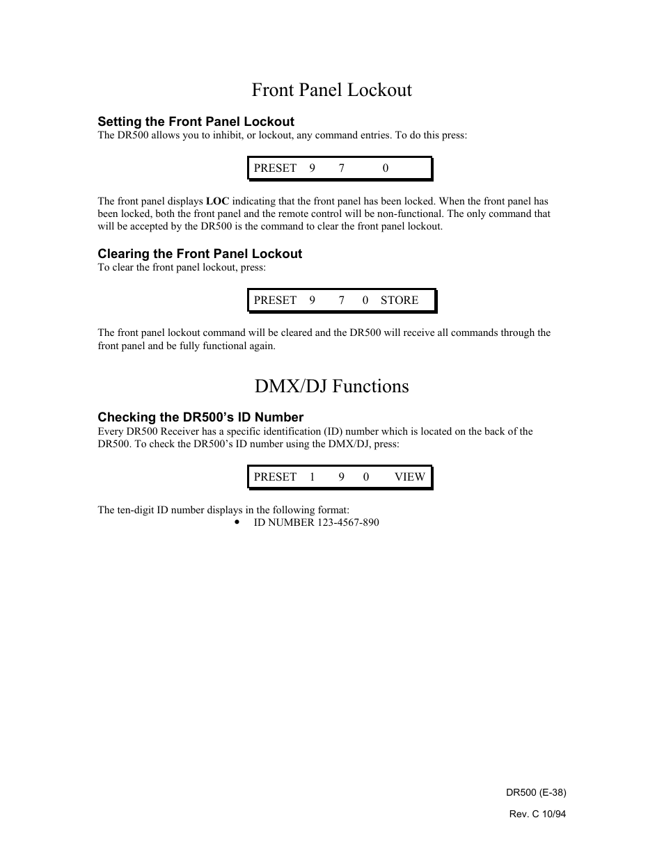 Front panel lockout, Dmx/dj functions | Philips Digital Audio Satellite Receiver DR500 User Manual | Page 38 / 47