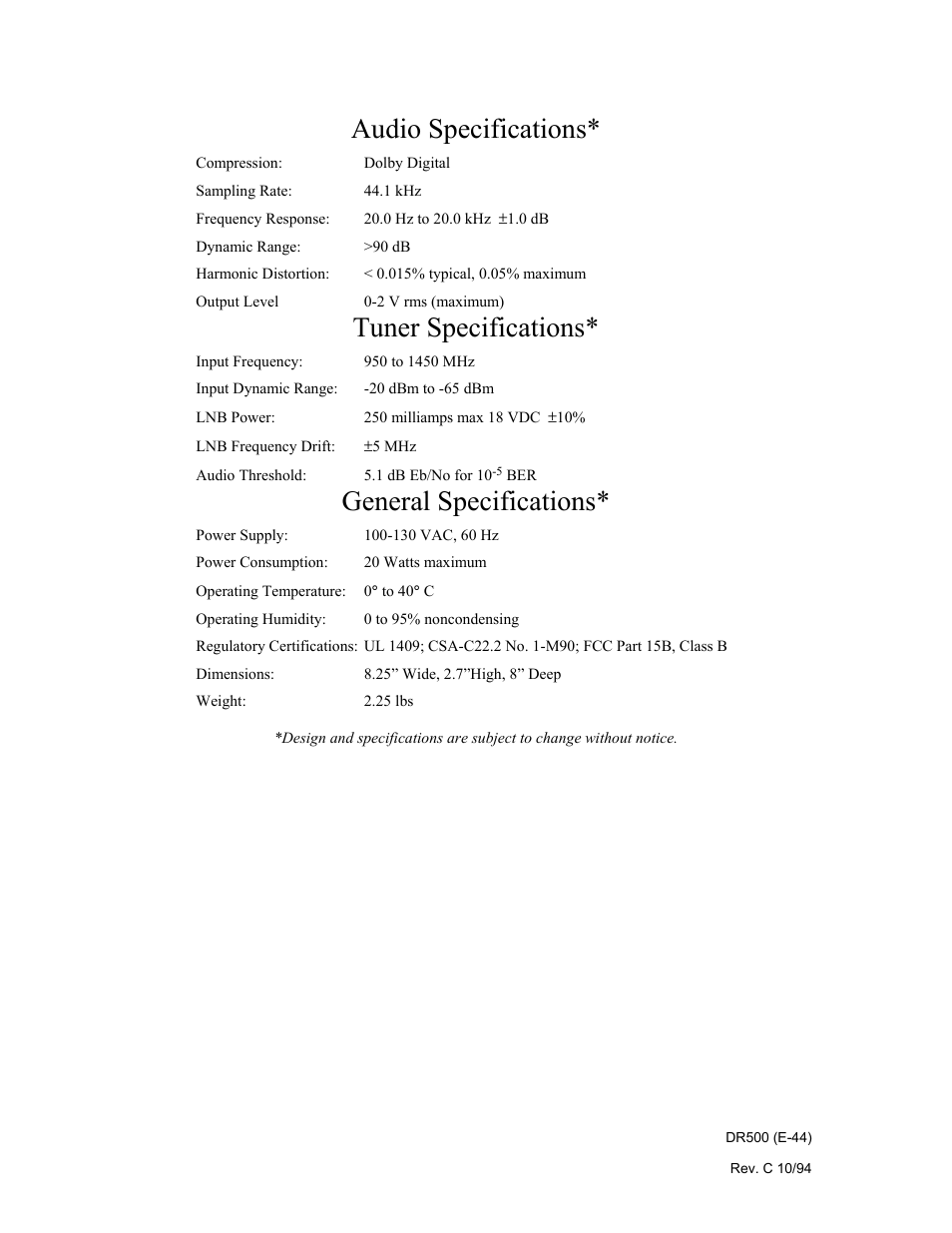 Audio specifications, Tuner specifications, General specifications | Philips Digital Audio Satellite Receiver DR500 User Manual | Page 44 / 47