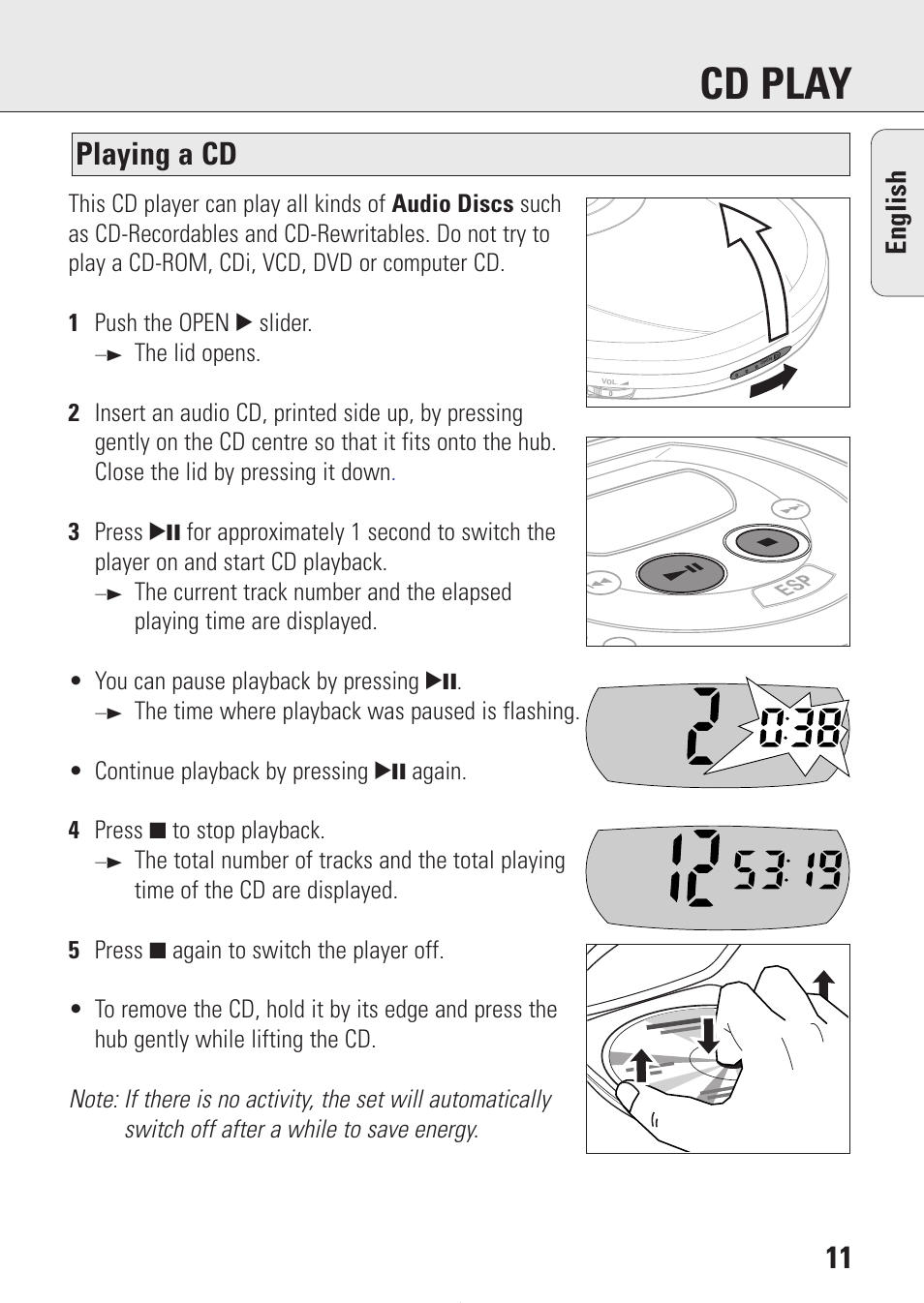 Cd play, Playing a cd, English | Philips AZ9214 User Manual | Page 11 / 65