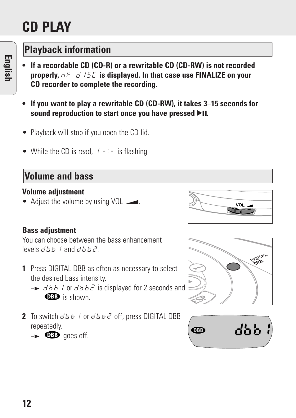 Cd play, Volume and bass playback information, English | Philips AZ9214 User Manual | Page 12 / 65