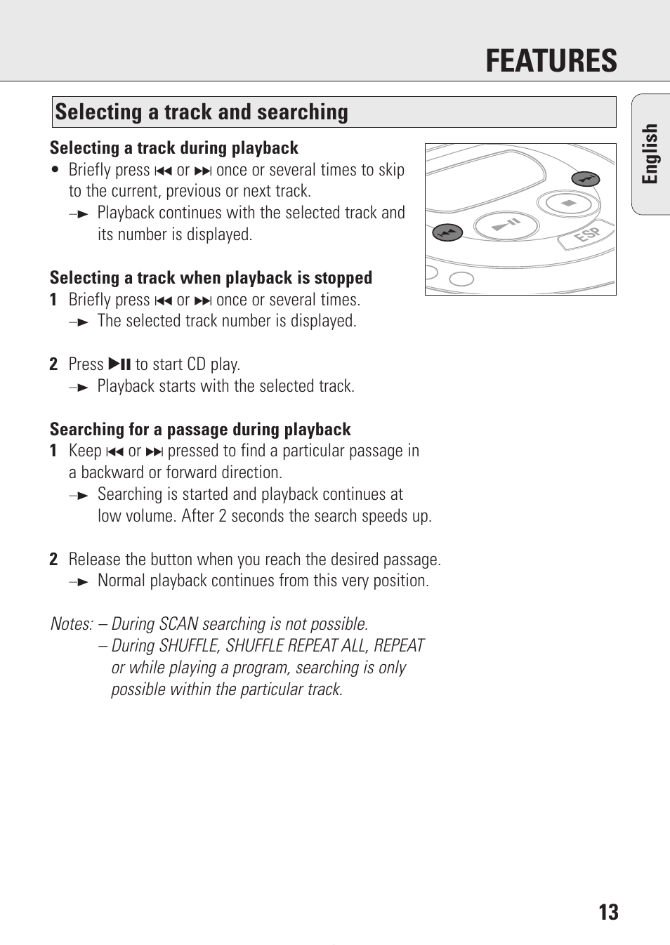 Features, Selecting a track and searching, English | Philips AZ9214 User Manual | Page 13 / 65