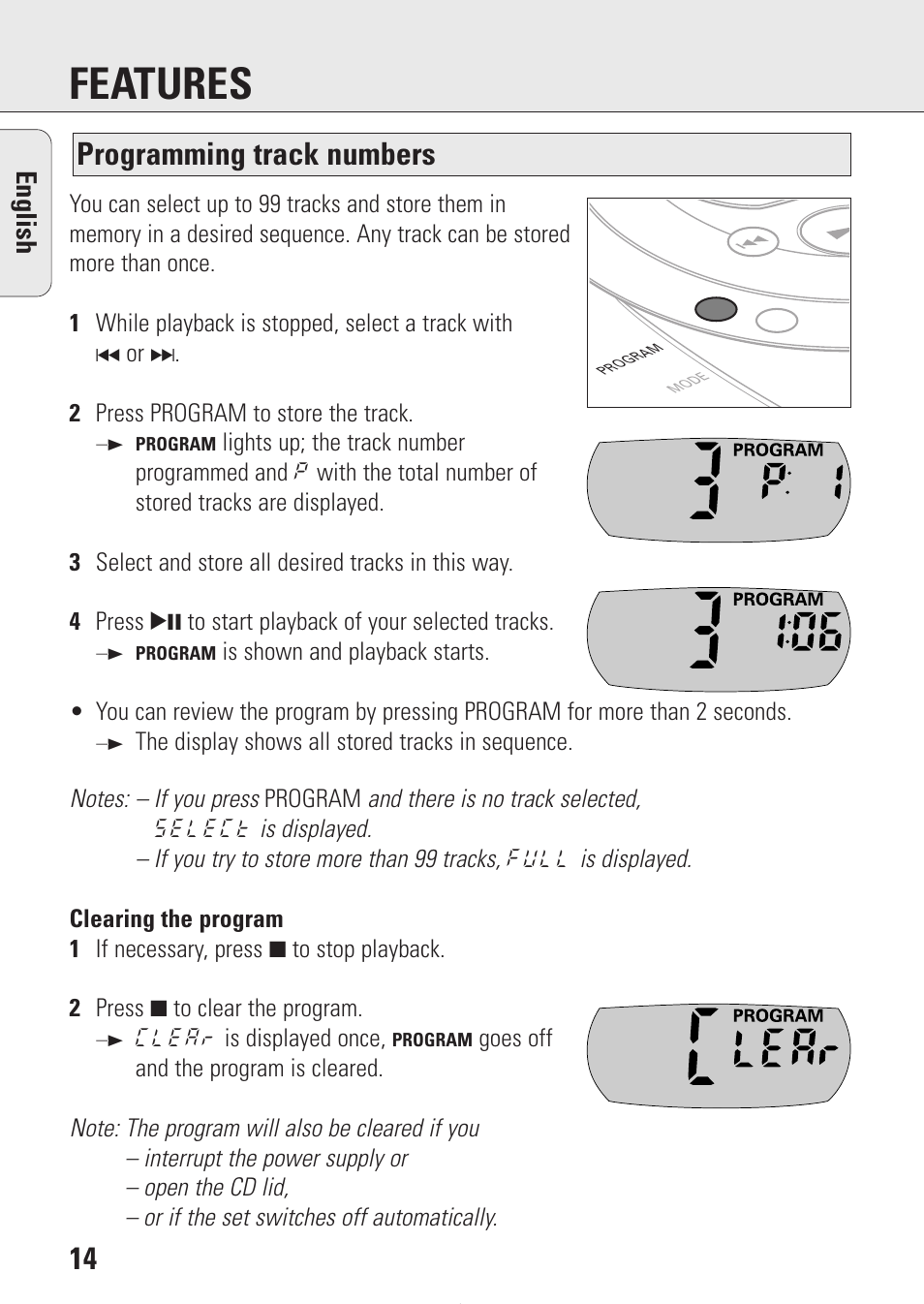 Features, Programming track numbers, English | Philips AZ9214 User Manual | Page 14 / 65