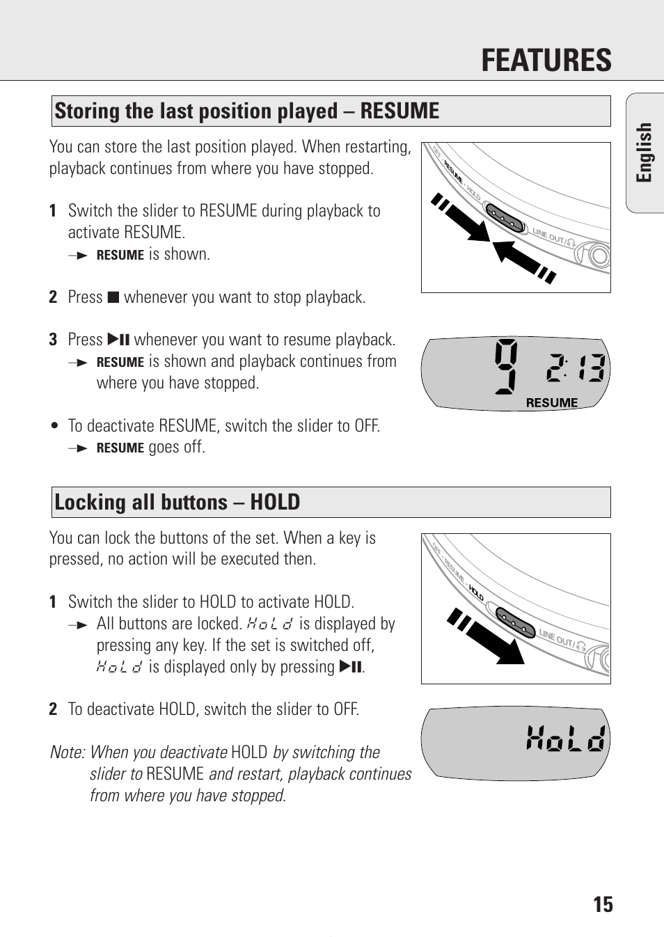 Features, Locking all buttons – hold, Storing the last position played – resume | English | Philips AZ9214 User Manual | Page 15 / 65