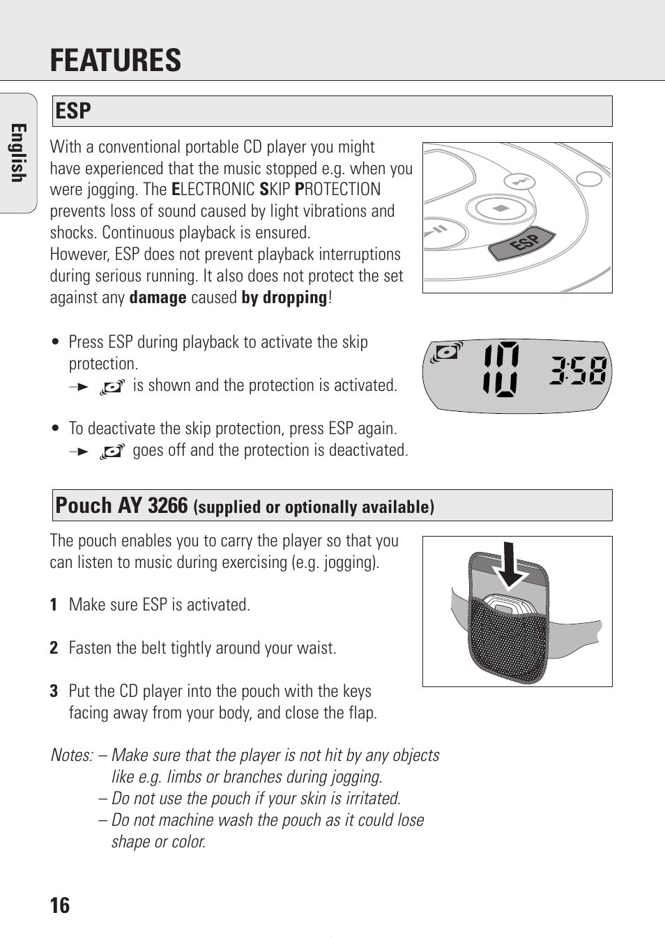 Features, Pouch ay 3266 | Philips AZ9214 User Manual | Page 16 / 65