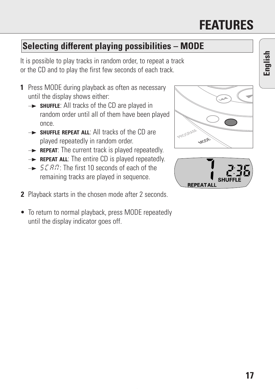 Features, Selecting different playing possibilities – mode, English | Philips AZ9214 User Manual | Page 17 / 65