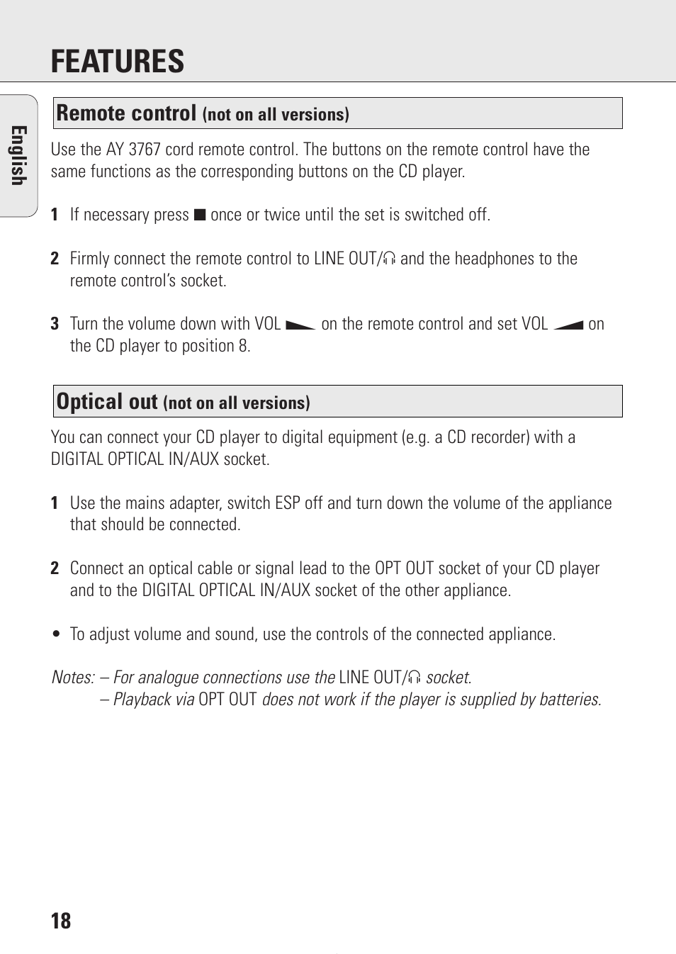 Features, Optical out, Remote control | Philips AZ9214 User Manual | Page 18 / 65