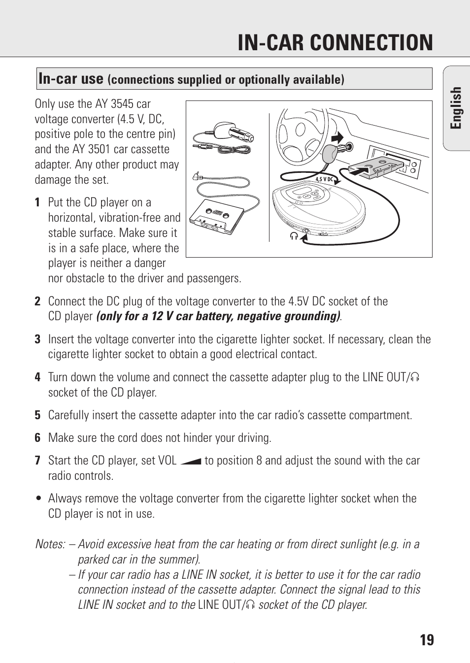 In-car connection, In-car use, English | Connections supplied or optionally available) | Philips AZ9214 User Manual | Page 19 / 65