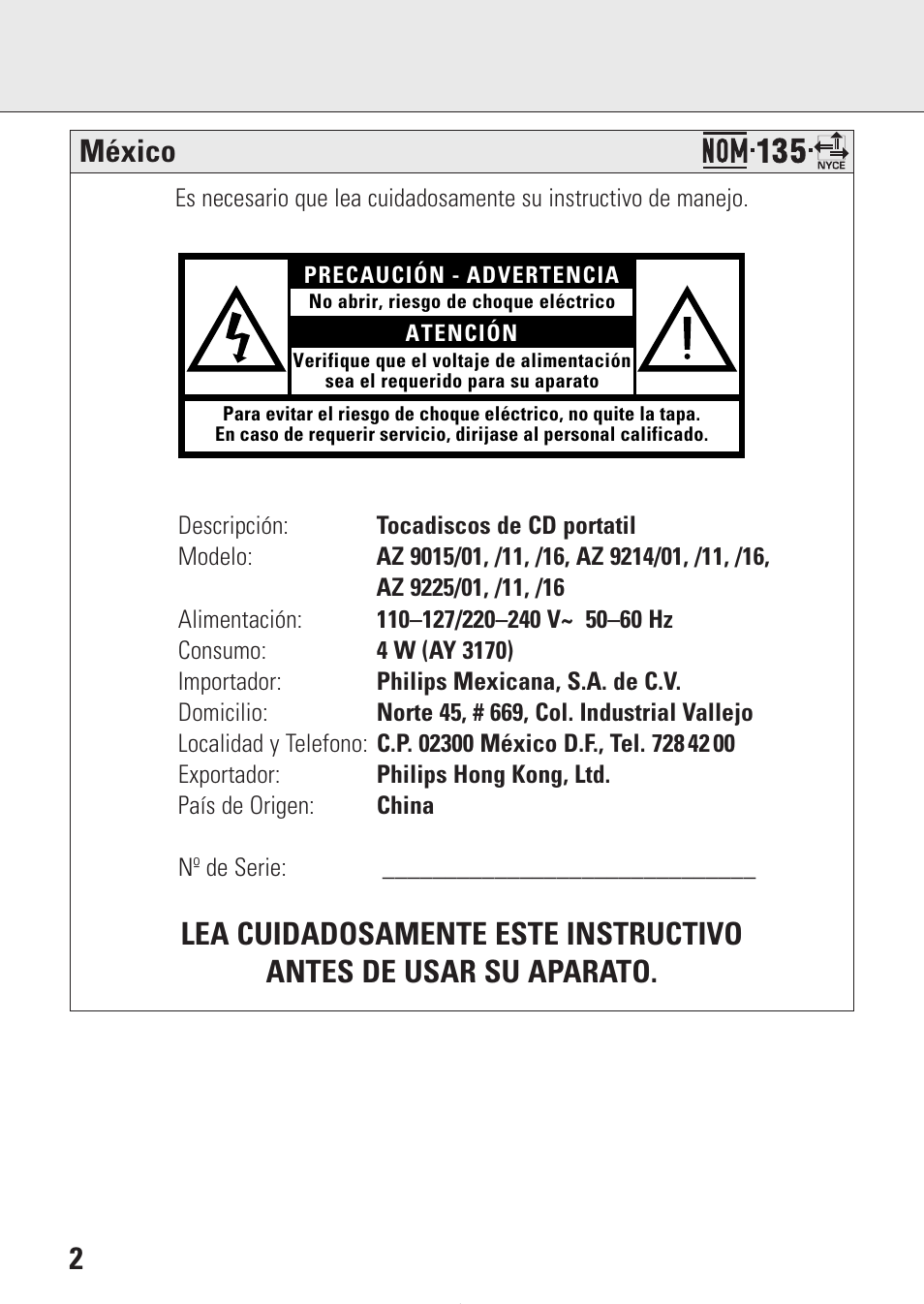 México | Philips AZ9214 User Manual | Page 2 / 65