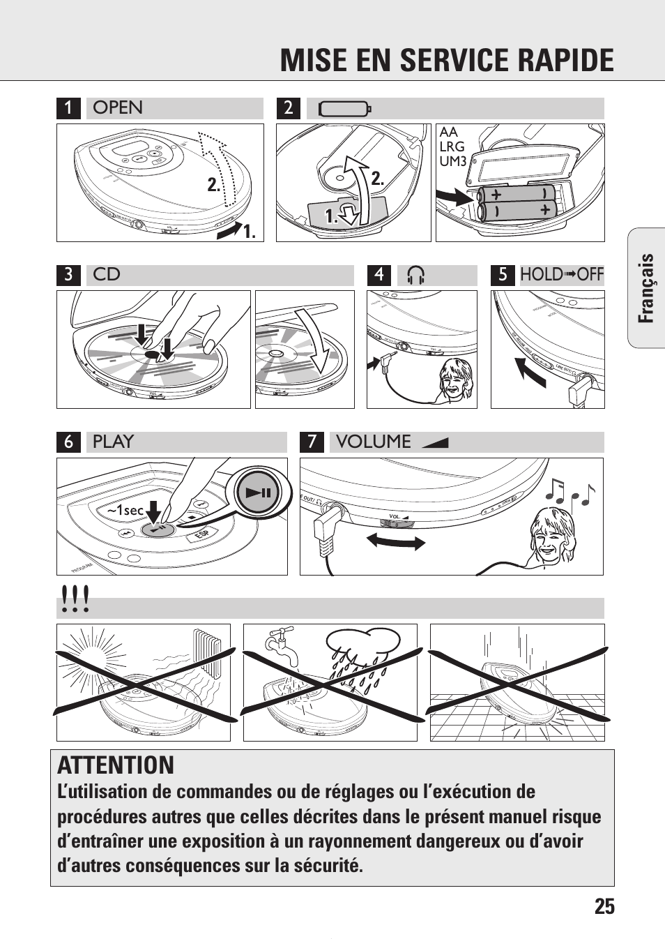 Mise en service rapide, Attention, Fran ç ais | Aa lrg um3 | Philips AZ9214 User Manual | Page 25 / 65