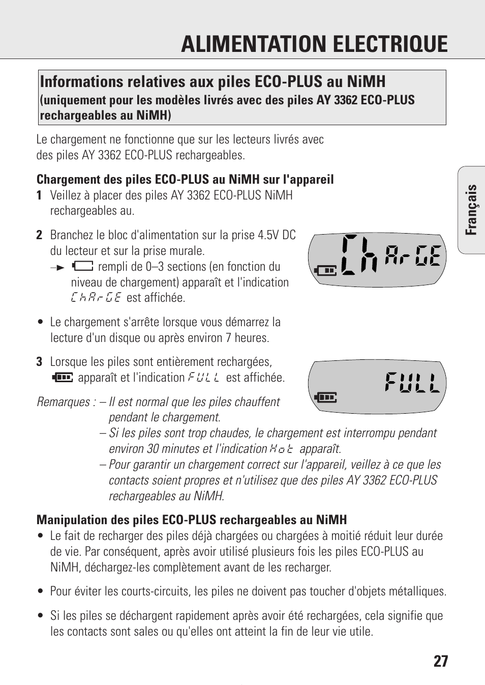 Alimentation electrique, Informations relatives aux piles eco-plus au nimh | Philips AZ9214 User Manual | Page 27 / 65