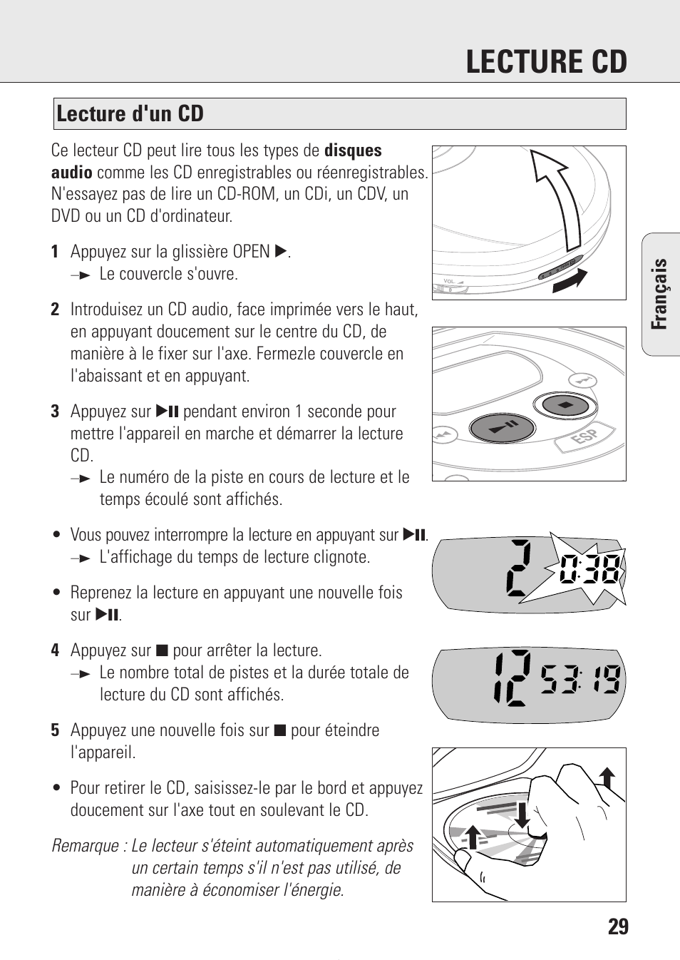 Lecture cd, Lecture d'un cd, Fran ç ais | Philips AZ9214 User Manual | Page 29 / 65