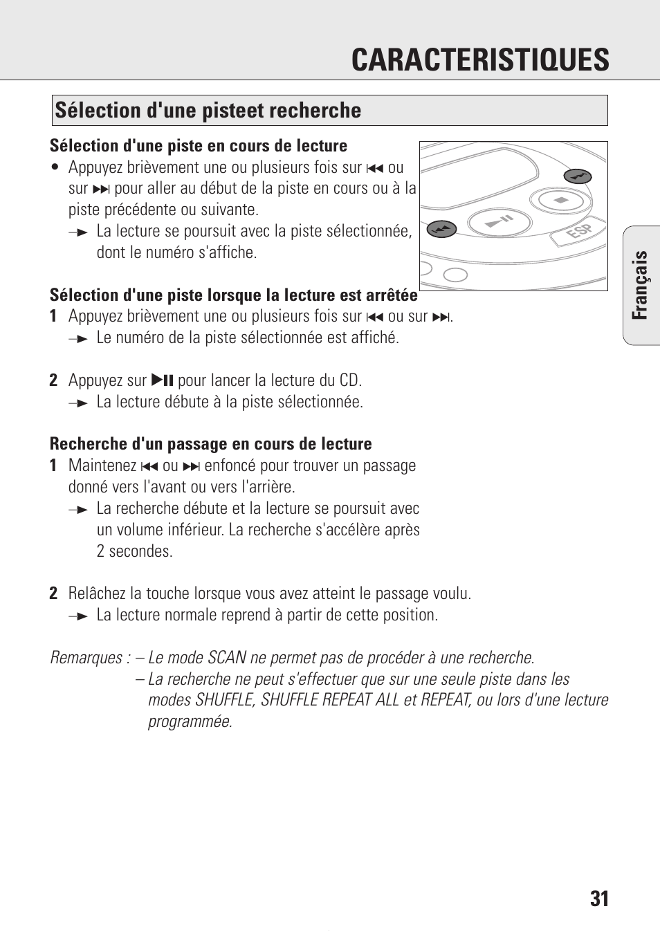 Caracteristiques, Sélection d'une pisteet recherche | Philips AZ9214 User Manual | Page 31 / 65