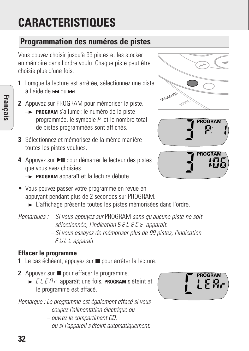 Caracteristiques, Programmation des numéros de pistes, Fran ç ais | Philips AZ9214 User Manual | Page 32 / 65