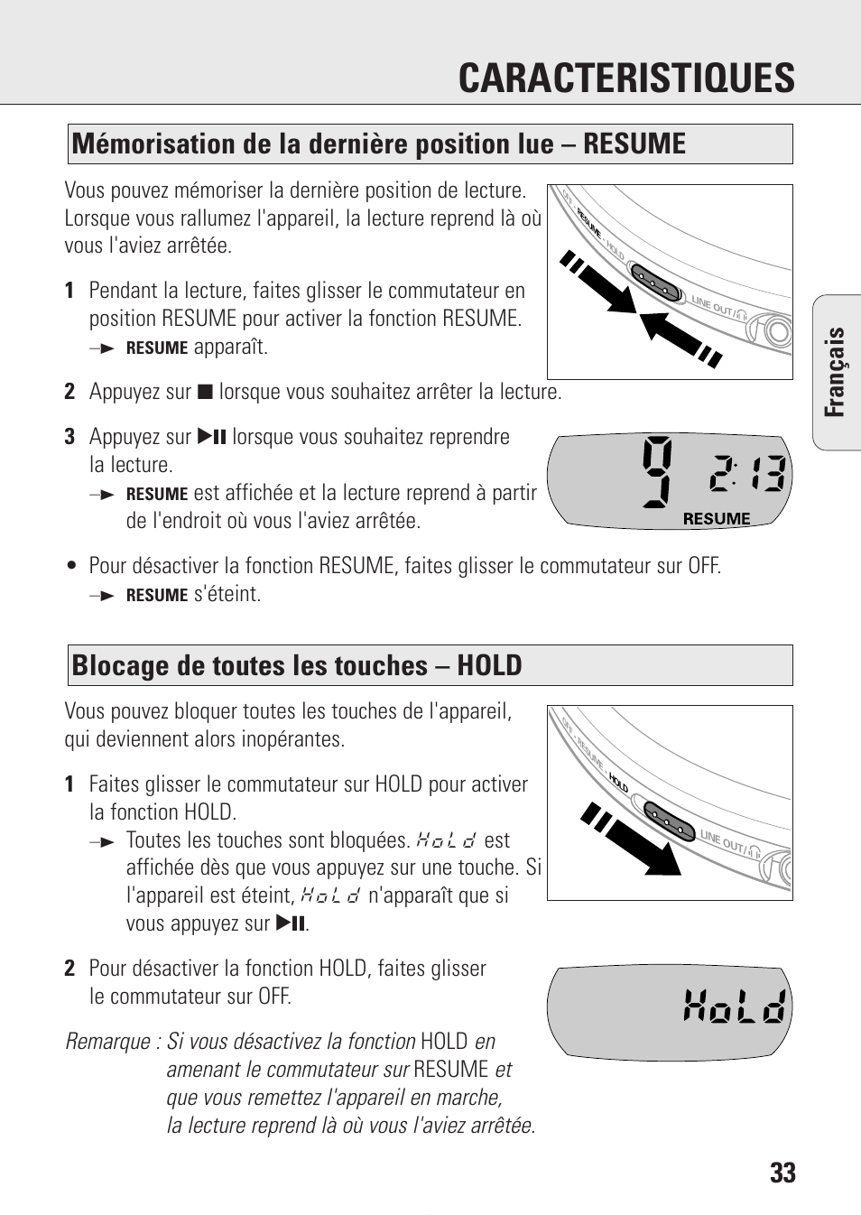 Caracteristiques, Blocage de toutes les touches – hold, Mémorisation de la dernière position lue – resume | Fran ç ais | Philips AZ9214 User Manual | Page 33 / 65