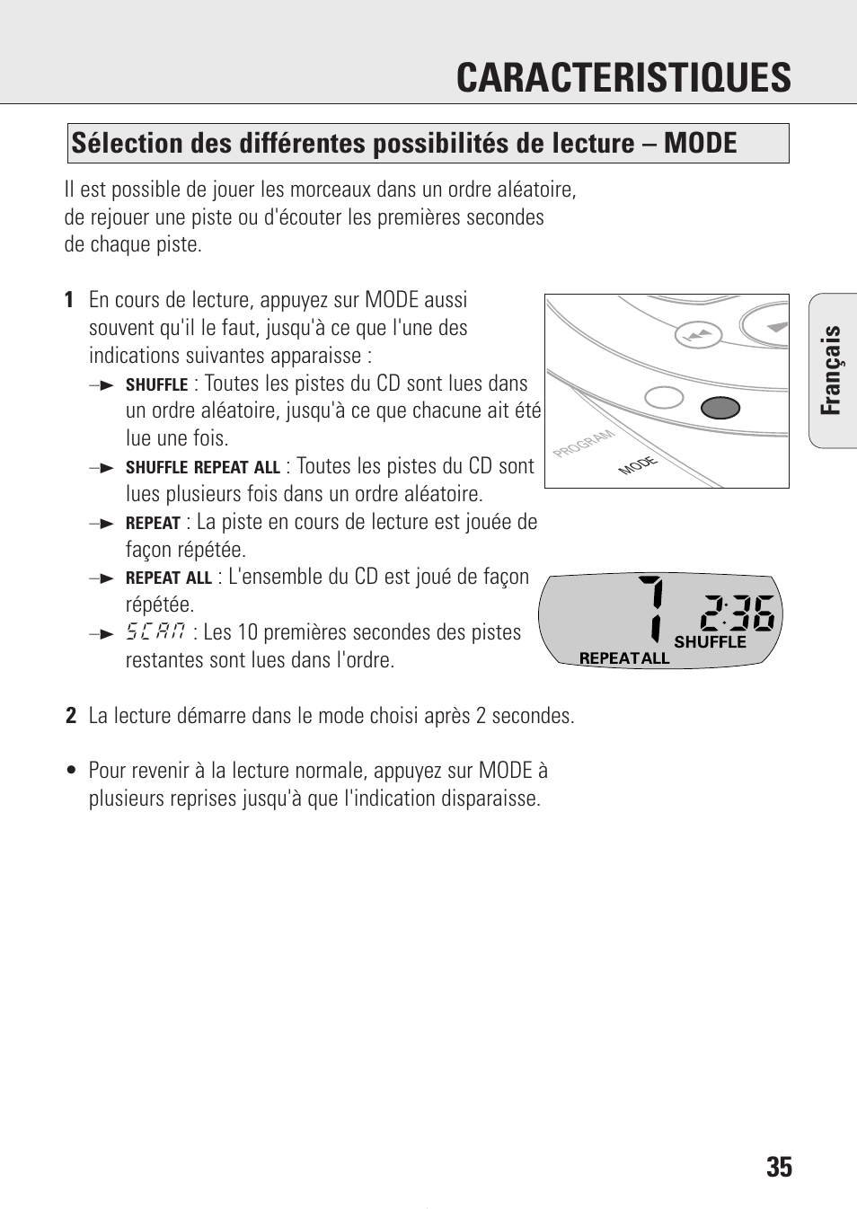 Caracteristiques, Fran ç ais | Philips AZ9214 User Manual | Page 35 / 65