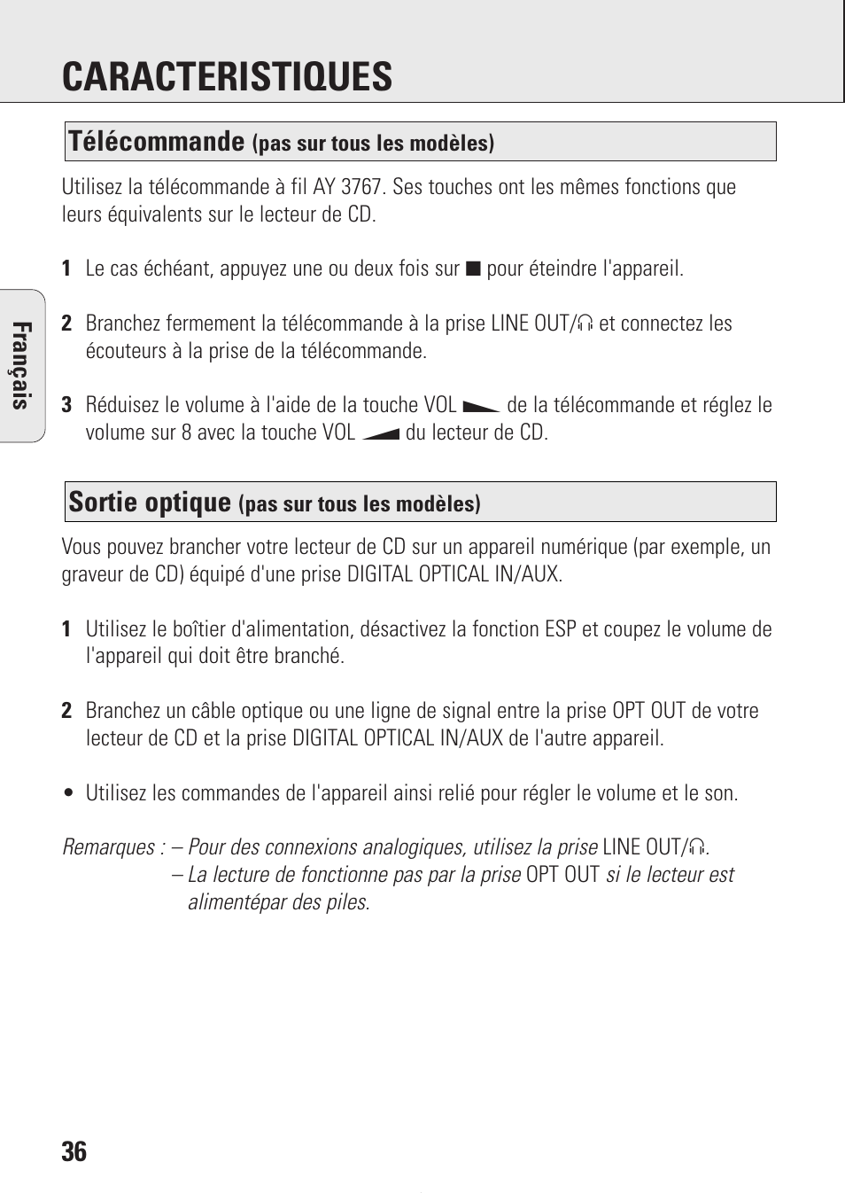 Caracteristiques, Sortie optique, Télécommande | Philips AZ9214 User Manual | Page 36 / 65