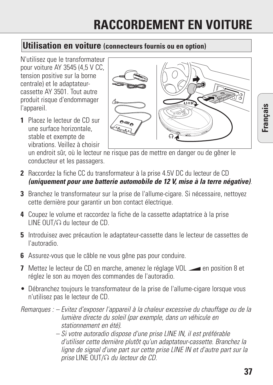 Raccordement en voiture, Utilisation en voiture, Fran ç ais | Connecteurs fournis ou en option) | Philips AZ9214 User Manual | Page 37 / 65