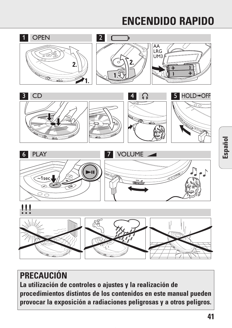 Encendido rapido, Precaución, Español | Aa lrg um3 | Philips AZ9214 User Manual | Page 41 / 65