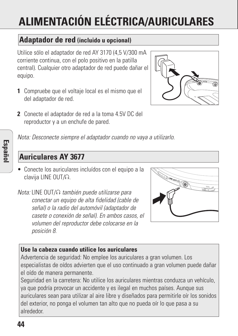 Alimentación eléctrica/auriculares, Auriculares ay 3677, Adaptador de red | Espa ñ ol, Incluido u opcional) | Philips AZ9214 User Manual | Page 44 / 65