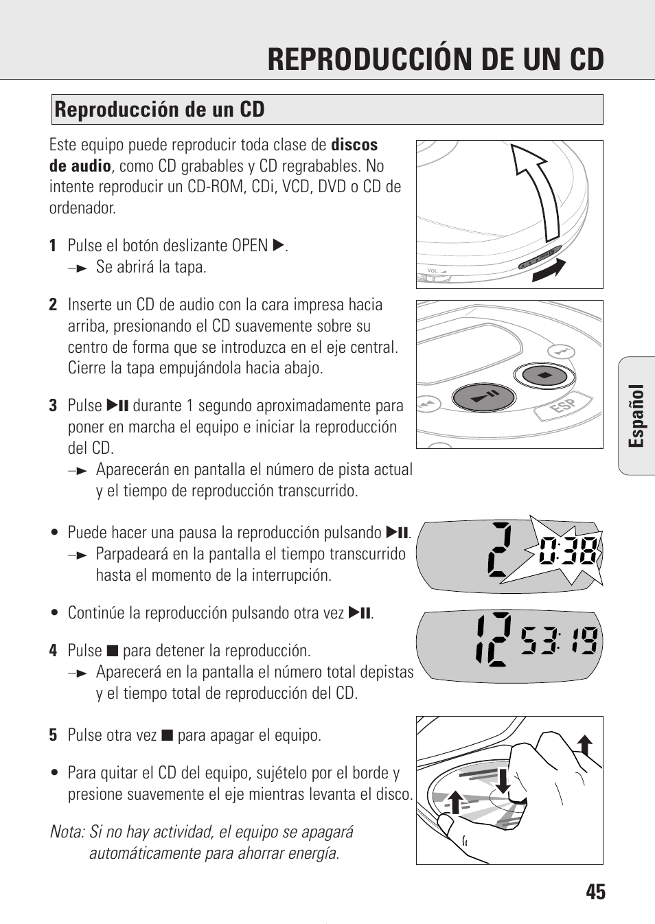 Reproducción de un cd, Espa ñ ol | Philips AZ9214 User Manual | Page 45 / 65