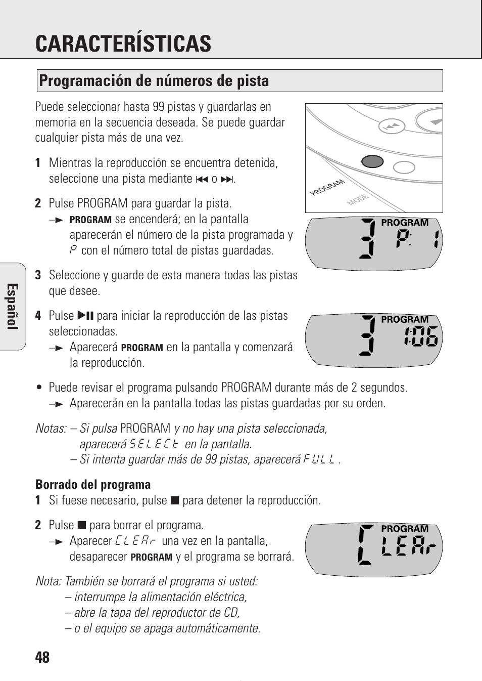 Características, Programación de números de pista, Espa ñ ol | Philips AZ9214 User Manual | Page 48 / 65