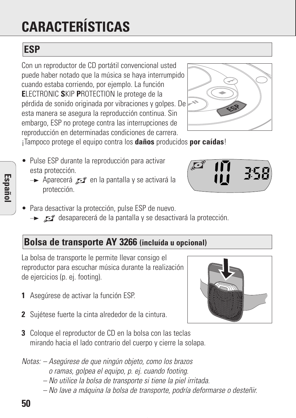 Características, Bolsa de transporte ay 3266 | Philips AZ9214 User Manual | Page 50 / 65