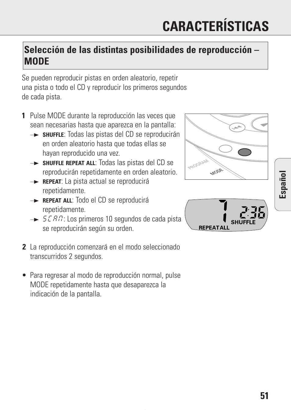 Características, Espa ñ ol | Philips AZ9214 User Manual | Page 51 / 65