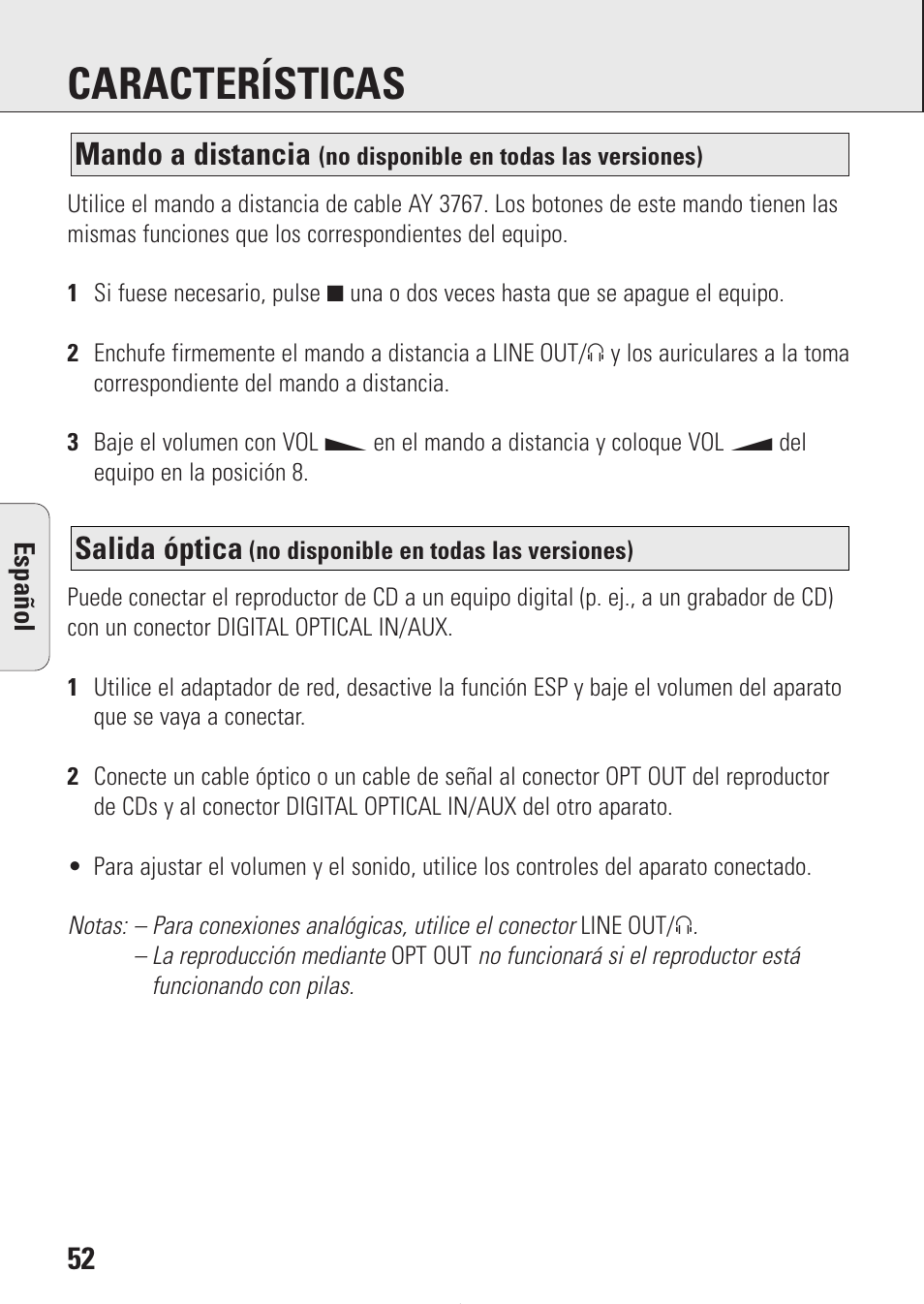 Características, Salida óptica, Mando a distancia | Philips AZ9214 User Manual | Page 52 / 65