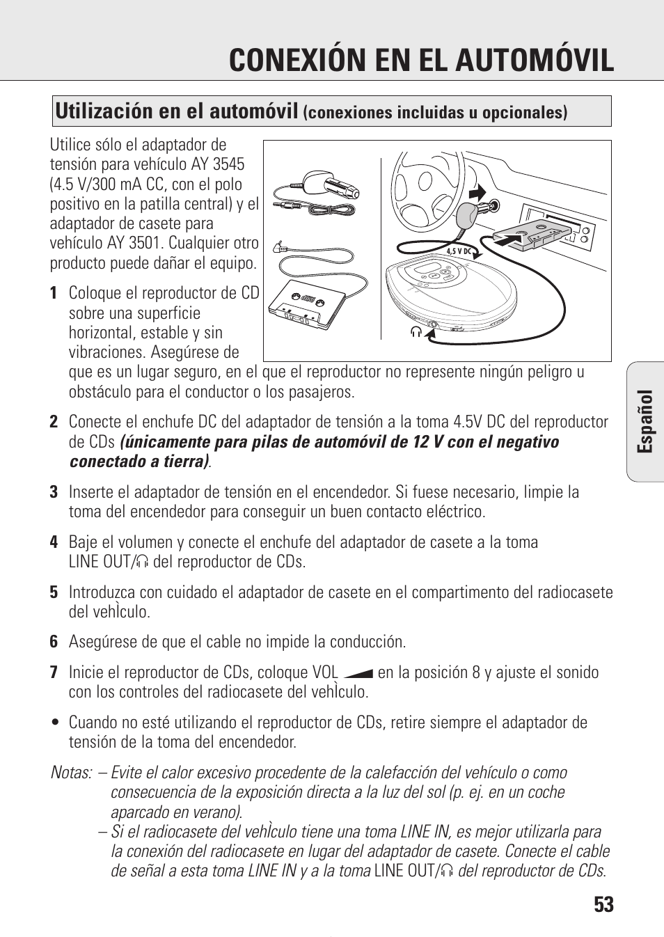 Conexión en el automóvil, Utilización en el automóvil, Espa ñ ol | Conexiones incluidas u opcionales) | Philips AZ9214 User Manual | Page 53 / 65