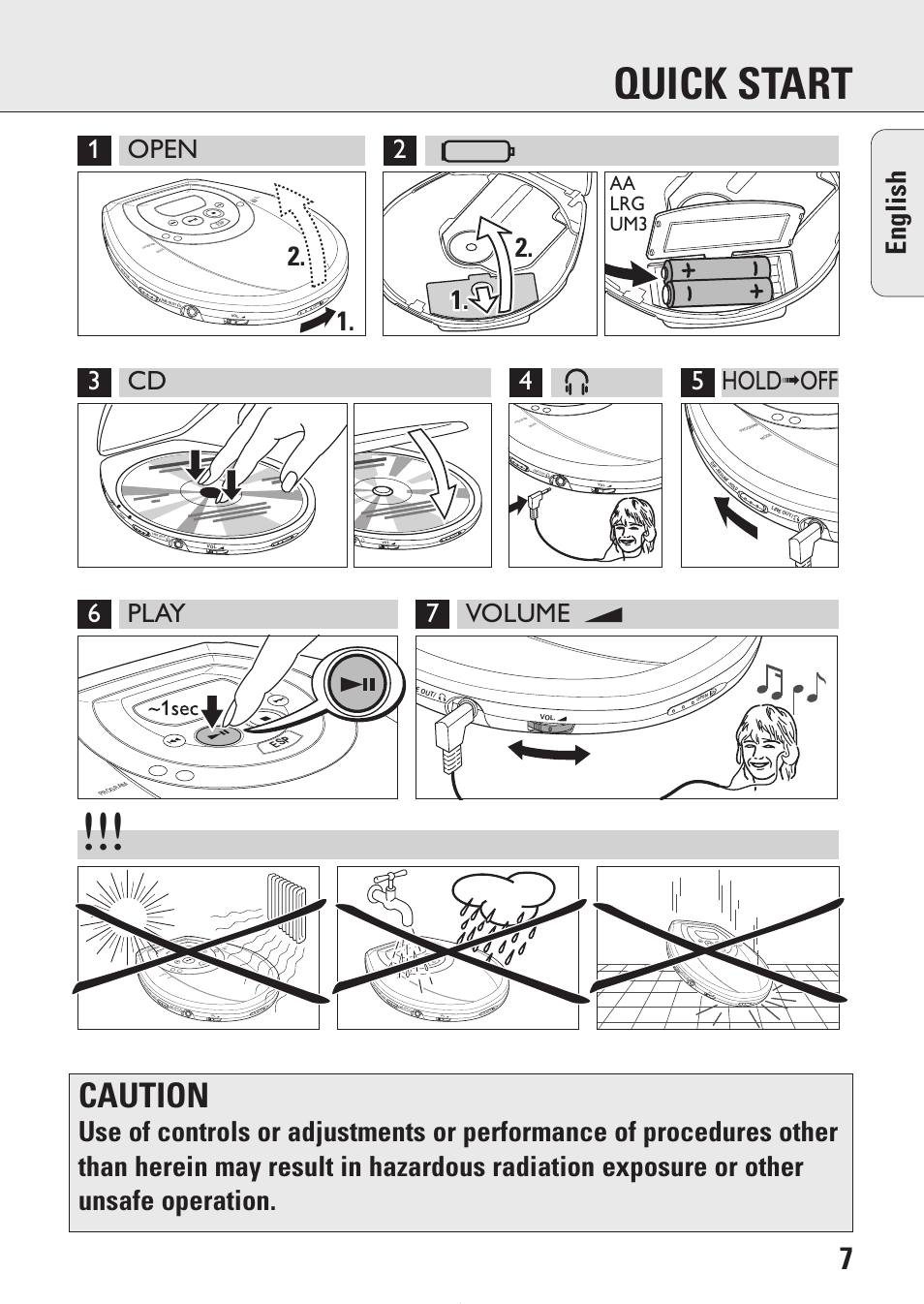 Quick start, Caution, English | Aa lrg um3 | Philips AZ9214 User Manual | Page 7 / 65