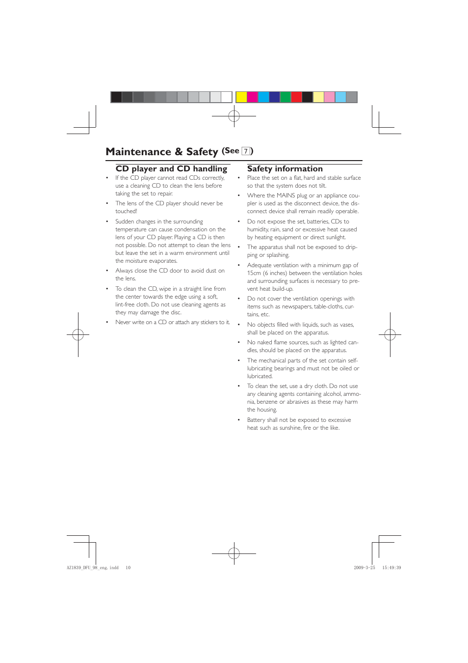 Maintenance & safety, Cd player and cd handling, Safety information | See 7 ) | Philips AZ1839/98 User Manual | Page 10 / 14