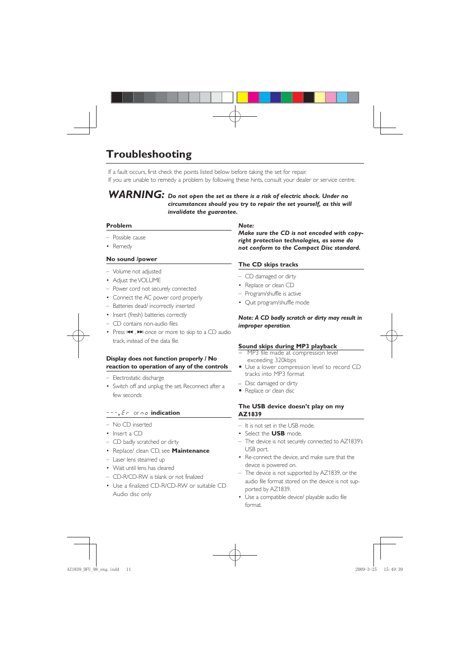 Troubleshooting, Warning | Philips AZ1839/98 User Manual | Page 11 / 14