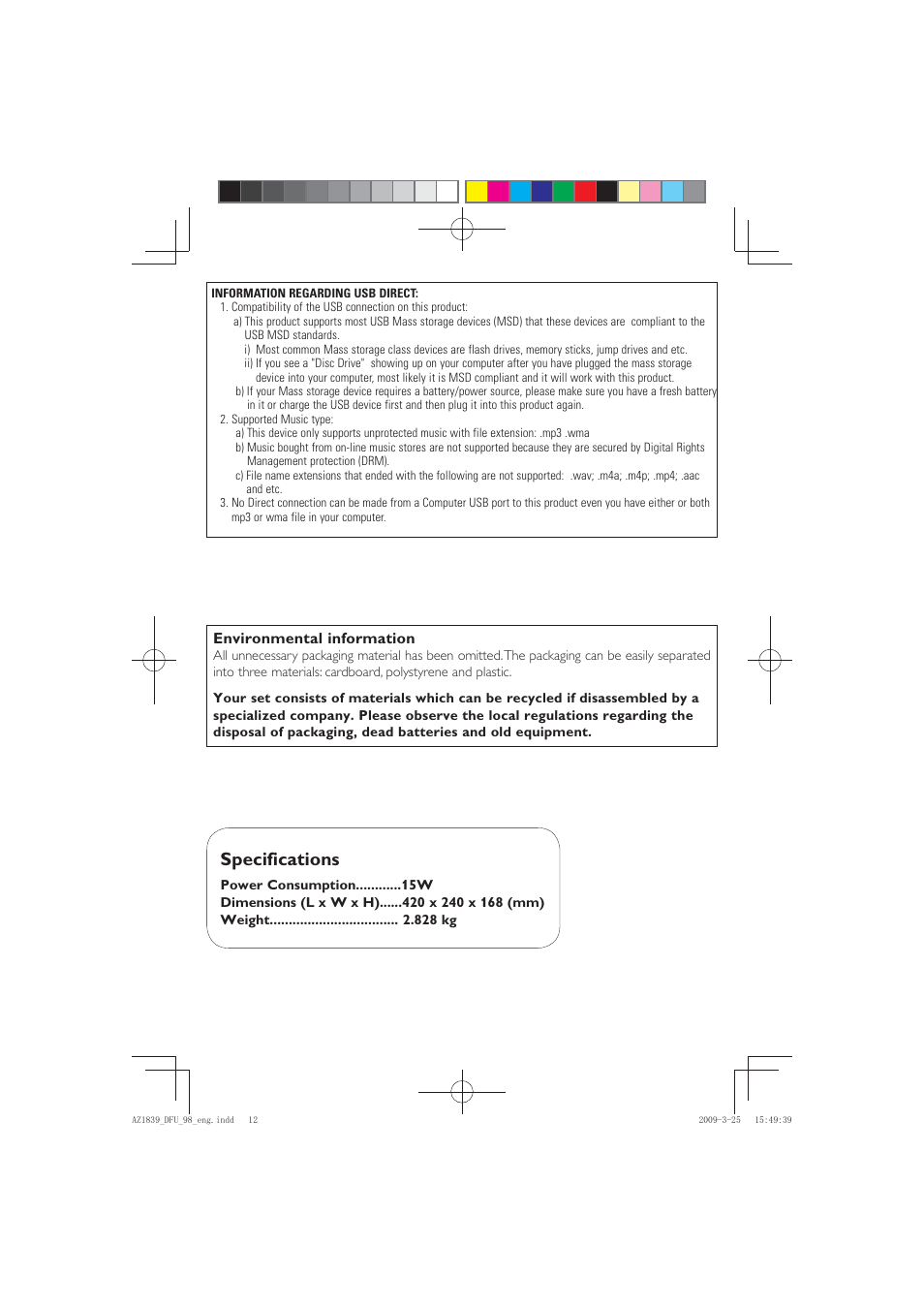 Specifications, Environmental information | Philips AZ1839/98 User Manual | Page 12 / 14