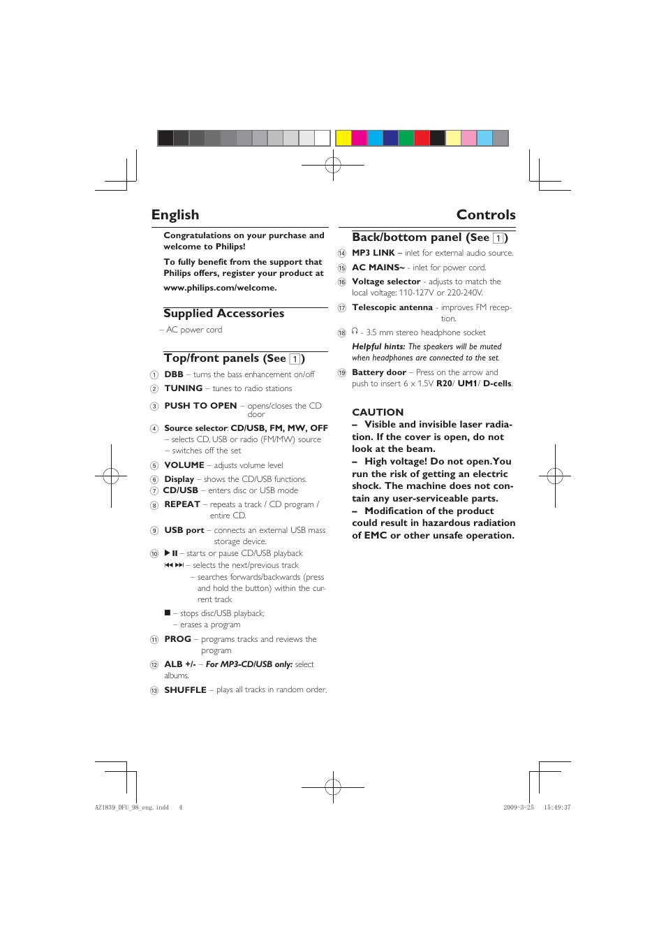 English controls, Supplied accessories, Top/front panels | Back/bottom panel, See 1 ) | Philips AZ1839/98 User Manual | Page 4 / 14